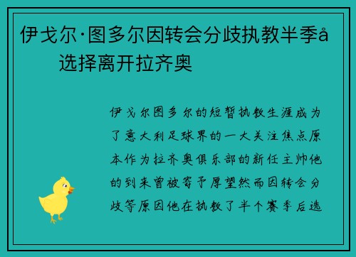 伊戈尔·图多尔因转会分歧执教半季后选择离开拉齐奥 伊戈尔·图多尔因转会分歧执教半季后选择离开拉齐奥